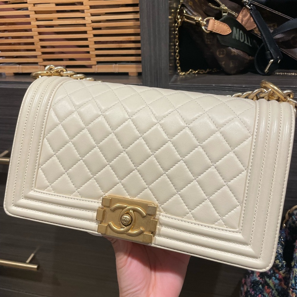 Chanel old medium boy bag Cream Quilted Leather Bag